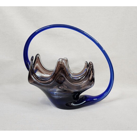 Vintage Sooner Ozark Art Glass Basket | Blue & Brown Swirl Hand-Blown | USA - Picture 2 of 15